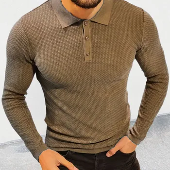 Есенни мъжки ризи с къси ръкави, трикотажни тънки еластични блузи с дълги ръкави, ретро обикновен пуловер с отложным яка и копчета, мъжки t-shirt