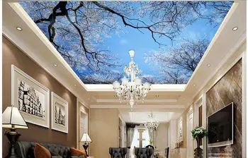 Потребителски снимки на 3d тапети нетканая стенопис синьо небе, дървета, сняг зимата украса рисуване на картина на 3d баня стенни фрески тапети
