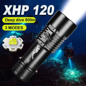 Супер ярко фенерче за гмуркане XHP120 с водонепроницаемостью IPX8, професионален фенер за гмуркане, подводен 800 м, фенер с ръчно с въже