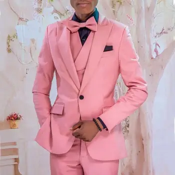 Розово мъжки бизнес костюм от 3 теми, монтиране костюм за бала на една пуговице, сватбен фрак младоженеца с ревери (палта + жилетка + панталони