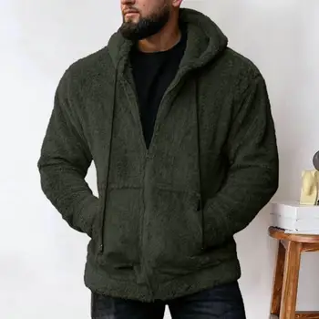 Мъжко яке с качулка, стилно мъжко зимно палто, ежедневното плюшевое палто с качулка и джобове с цип, мъжко палто плюшевое