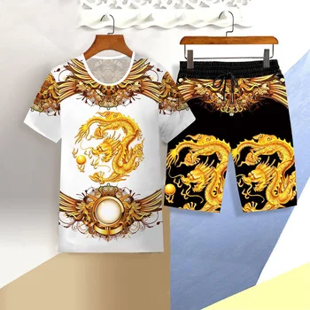 Новият годишен мъжки спортен костюм с 3D тигър, дрехи с къси ръкави, ежедневни тънка тениска, къси панталони, спортни комплекти с принтом китайски дракон