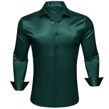 Дизайнерски копринени ризи за мъже, сатен тъмно зелена однотонная мъжка блуза с дълъг ръкав, ежедневни блузи, дишащи Бари Уонг