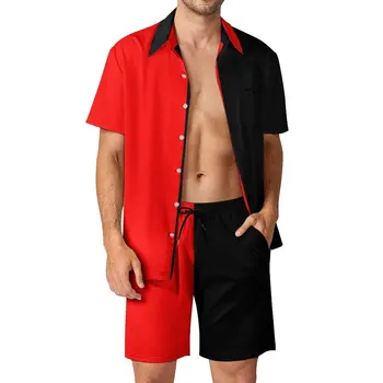 Двуцветен мъжки комплекти за почивка, червена и черна ежедневна риза, летни шорти с графичен дизайн, ретро костюм от две части, по-големи размери