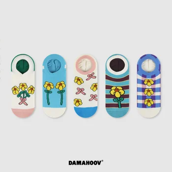 DAMAHOOV Дизайнерски чорапи-лодка с забелязан цветочком с фин гърло, пролет-лято тънки чорапи от чист памук, с нисък покрив, невидими мультяшные чорапи от чист памук