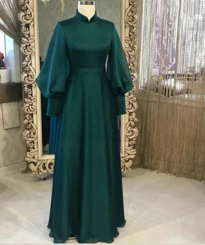 Вечерна рокля Robe De Soirée с високо воротом, елегантна шифоновое вечерна рокля трапецовидна форма за поръчка, зелено дълга рокля за абитуриентски бал с пищни ръкави