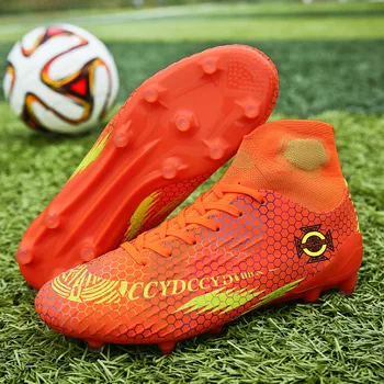 Оранжеви футболни обувки с висок чучур Унисекс, професионални нескользящие мъжки футболни обувки, лека дишаща футбол, спортни обувки за юноши