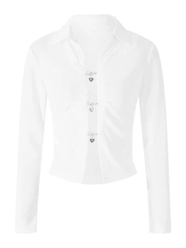 Дамска Елегантна Блуза с V-образно деколте и дълъг ръкав с Дантелен завършек, завязками и Изрезки от Прозрачна мрежа - Ретро Плиссированный Топ с Ниско деколте