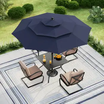 10-крак чадър за двор, 3 нива, вентилирани уличен пазар чадър с дръжка и наклон, изцяло алуминиева рамка, тъмно синьо слънцезащитен чадър Су