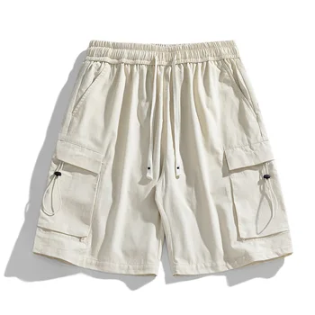 Модната марка с права тръба свободно, намаляване, ежедневни връхни дрехи от чист памук, плажни младежки мъжки къси панталони с пет точки