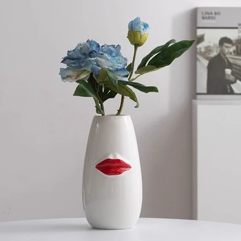 Порцеланова ваза в стил целувка, саксия за лице, свежи цветя, сухо растение, композиция, аксесоари за декориране на всекидневна, спалня