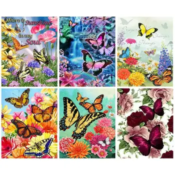 Художествена рисуване по номера, пеперуда, пейзаж, цвете, ръчно рисувани с маслени бои, комплект за възрастни, Бои, декорация, живопис, художествена картина, уникална