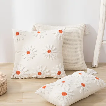 Калъфка за възглавница с цветя маргаритки в стил бохо с четири ъгъла пискюли, калъфка с хохолками 45 *45 см, декоративни възглавници спални с разтегателен диван