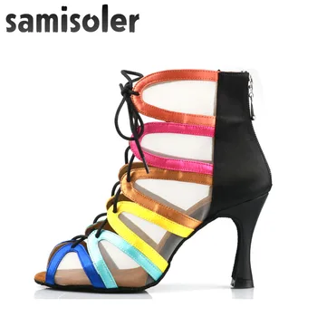 Samisoler Елегантната джаз и салса на открито и закрито, стандартна обувки за латино танци за жени, модерни, стилни сандали от флока на висок ток