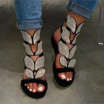 2023 Летните модни сандали за жени, по-големи размери, гладиатори с пеперуди и кристали, удобни дамски обувки с отворени пръсти, сандали
