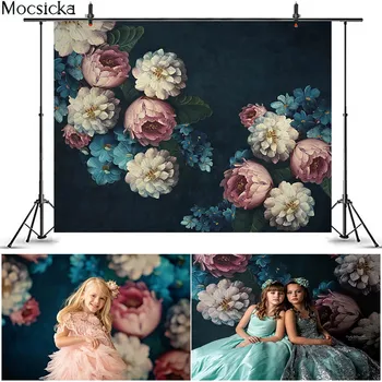 MOCSICKA Цъфтящи цветя, маслени бои, фонове, за снимки, ретро цветен портрет за малки деца, сини фонове за фото студио