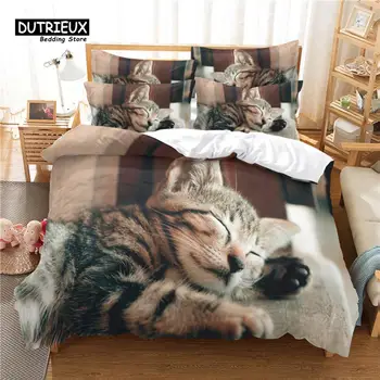 Комплект спално бельо с сладък котка, комплект пододеяльников от 3 бр., мек удобен дишаща чаршаф, за декор за спалня, стая за гости