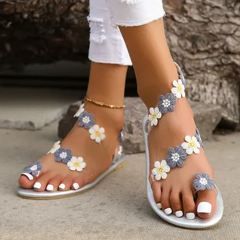 Сандали в бохемски стил, дамски ежедневни сандали на равна подметка с цветя модел, лятна модни дамски обувки широката широк, добре облечени за всеки ден