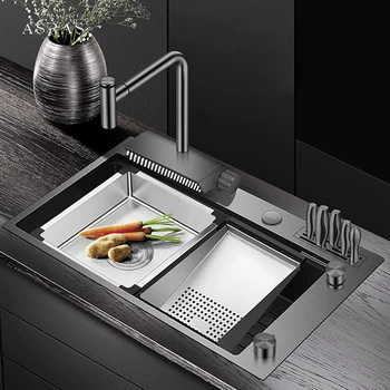 Нано черна степенна механична кухненска мивка SUS 304 от неръждаема стомана с дебелина 4 мм, ръчна работа, миксер за водопад, кухненски мивки