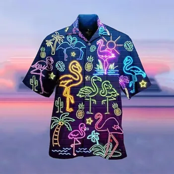 Мъжки хавайска риза, флуоресцентно Ежедневни свободна риза в стил харадзюку с модерен принтом, мъжки плажен топ с къс ръкав, реколта дрехи, риза