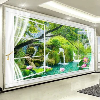 Потребителски 3D тапети и в китайски стил, езерце с лотосами зад прозореца, Пейзаж живопис, хол, телевизор, разтегателен диван, спалня, кабинет, стенни живопис
