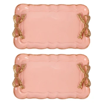 2X Тави за съхранение на тортата в европейски стил с лък Органайзер за грим Десерт плоча Квадратен поднос за декор Кухненски корита 12x20 см розови
