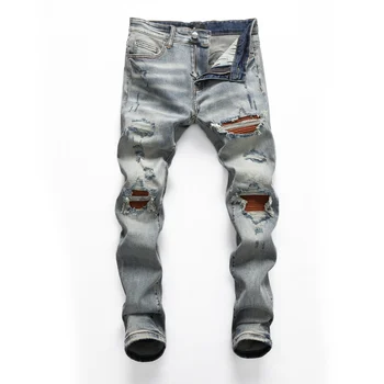 Уличната мода, дизайнерски мъжки дънки, ретро сини панталони с копчета, кафяви заплатанные тесни скъсани дънки, мъжки панталони в стил хип-хоп 8405