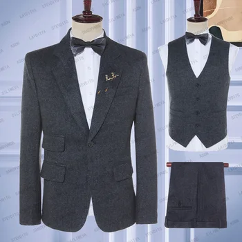2023 Нови мъжки костюми бизнес вечерна рокля син черен със смесен писмото модел на Младоженеца на сватбата в британския стил комплект от 3 теми сако, жилетка и панталони