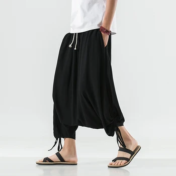 Стил Китайски, широки ретро мъжки летни панталони-кръстоски 2023 г., ленени панталони в стил хип-хоп, модерни, свободни, с занижением в слабините, M-5XL