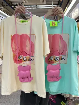 Kawaii Clothes 2023 Лятна Дамска тениска със Средна дължина, с кръгло деколте и корейски принтом Слон, Универсална Тениска с къс ръкав за жени