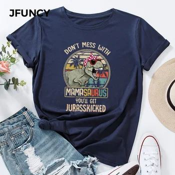 JFUNCY 5XL Дамски лятна тениска с писмото принтом динозавър, тениски, дамски тениски с къс ръкав, 100% памук, дамски блузи