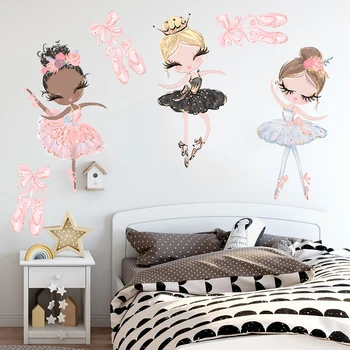 Стикери за стена балерина за детски стаи, стикери за стена с изображение на анимационни момичета, декорация на всекидневна, спалня, на фона на декора на стените