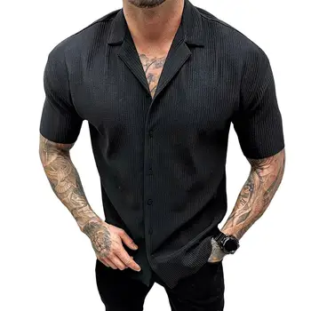 Однобортная мъжка риза в рубчик с къс ръкав и ревера, однотонная свободна ежедневни риза, топ