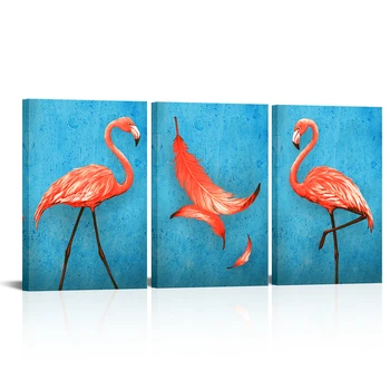 Комплект от 3 теми, монтиран на стената художествен плакат с изображение на фламинго и пера, красив принт птици, платно картина е в съвременен стил, домашен декор за хола