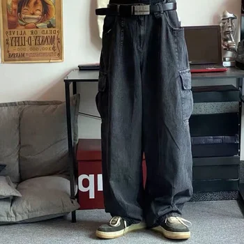 Широки дънкови панталони, мъжки дънкови панталони, черни широки панталони, мъжки дънки-карго, корея, градинска облекло в стил хип-хоп Harajuku