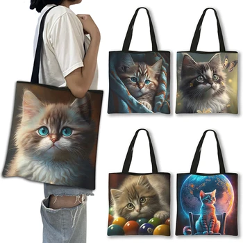 Чанта през рамо с принтом коте Kawai, мультяшные котки, чанти-лотария с голям капацитет, дамска чанта за еднократна употреба, торбички за пазаруване, подарък