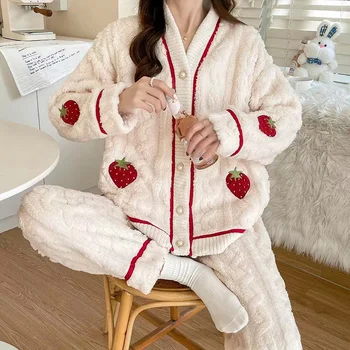 2022, Нов пижамный комплект, дамски есенно-зимна пижама, пижама от коралов руно с V-образно деколте, костюми за сън, дамски домашни дрехи