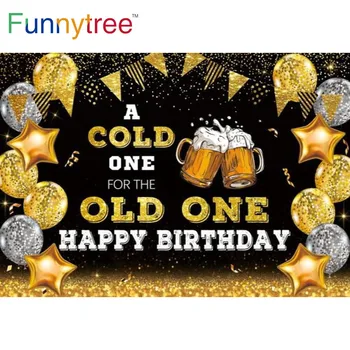 Забавно дърво, остриета за по-стар, честит рожден ден, на фона на парти, бира, човече, златен, черен банер, блестящ балон, точков фон