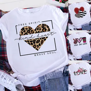 Тениски с леопардовым сърце за Св. Валентин, дамски дрехи, тениски с графичен принтом, дамски летни блузи с къс ръкав, ежедневни тениска