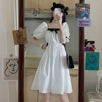 Бяло винтажное рокля HOUZHOU, женски опрятное облечи Kawaii, японската мода, летни черни рокли миди с къс ръкав, Harajuku, естетически сладко