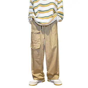 Средната засаждане, еластичен колан, шнур, с много джобове, мъжки панталони, прави, широки, обикновена ежедневни панталони-карго, градинска облекло