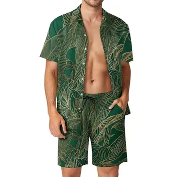Мъжки комплекти със златното растение, ежедневни панталони ботаническата дизайн, комплект плажна риза, лятна градинска дрехи, графичен костюми, блузи с къс ръкав plus размер