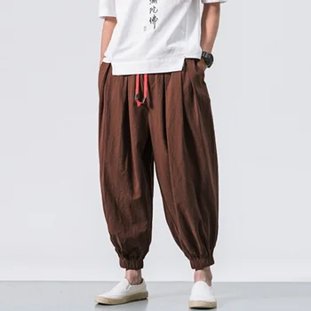 Мъжки модни памучни спално бельо, ежедневни обикновена свободни панталони, дишащи зреещи в японски стил с еластична гумена лента на талията, големи размери на # g3