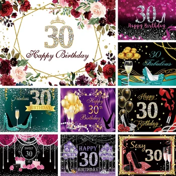 С 30-годишнината на партито по случай рождения ден, украса за жени на възраст 30 години, черни, лъскави обувки на висок ток, цветя, фонове, за снимки, банер