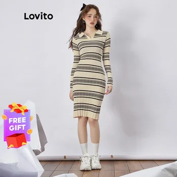 Lovito Ежедневното однотонное женствена рокля-пуловер райе с V-образно деколте L39AD093 (не е съвсем бяло)