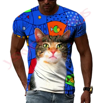 Летен тренд, мъжки ризи с хубав модел котка, ежедневни тениски с 3D принтом в стил хип-хоп харадзюку, тениски с кръгло деколте, свободен топ с къс ръкав