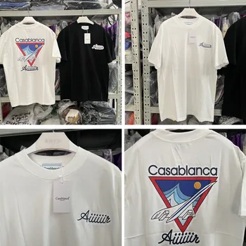 Фитнес зала Казабланка тениска с принтом самолета, тениска Казабланка, мъжки, женски, 1: 1, тениски Casablanca