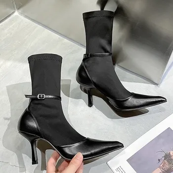 Къси дамски чорапи на висок ток, ботуши, черна градинска мода, секси ластични обувки с остри пръсти на тънък ток, пролетен дамски обувки