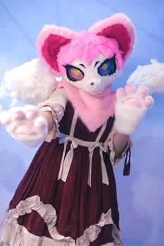 Розови дрехи за кукли Хъски куче с черепа, представа за големи събития и костюм за cosplay (само за главата)