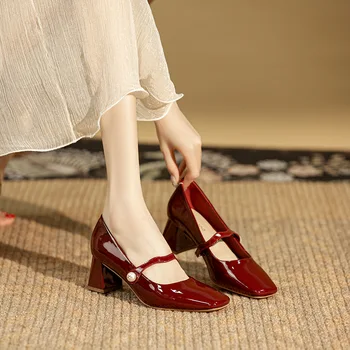 Обувки Mary Jane/женски луксозен Бренд2023, Пролетно новост, булчински обувки от лачена кожа в ретро стил, дебели обувки-лодка с квадратни пръсти